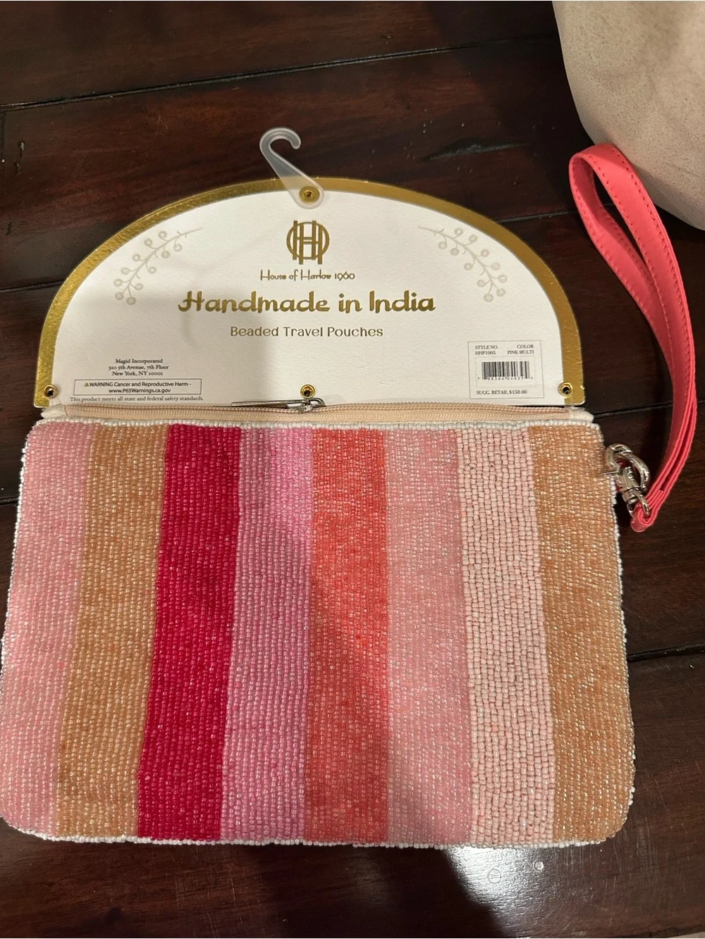 House of Harlow 1960 Pink & Coral Striped 'LOVE' Beaded Wristlet